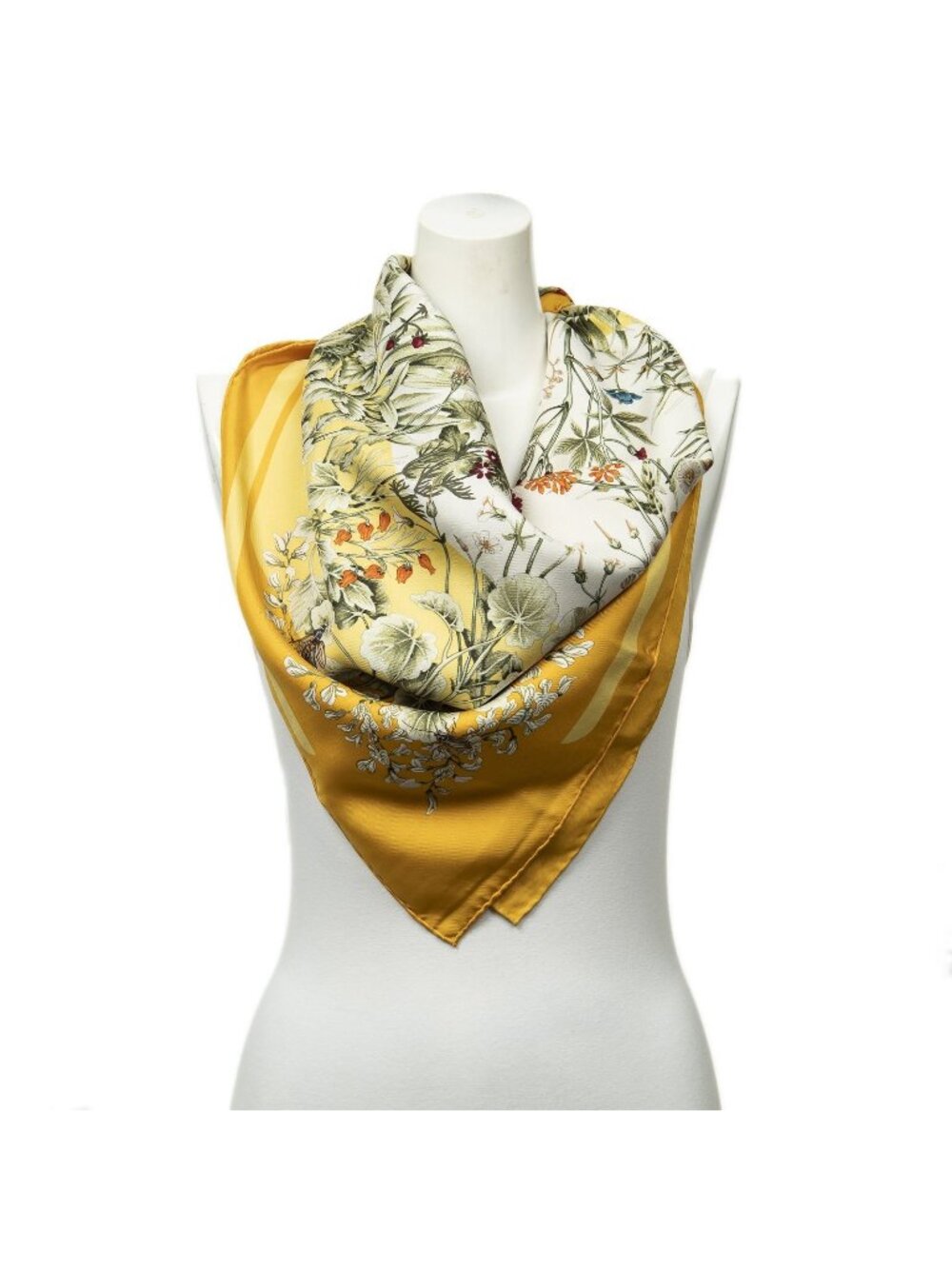 Hermes Scarf Yellow Ivory Green Twill Silk